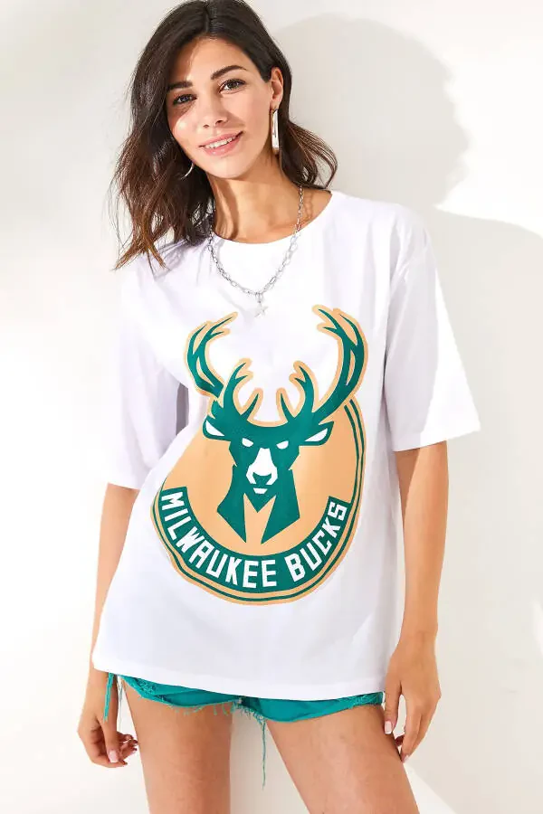 Women's White Deer Printed Cotton T-Shirt TSH-19000754 - 2