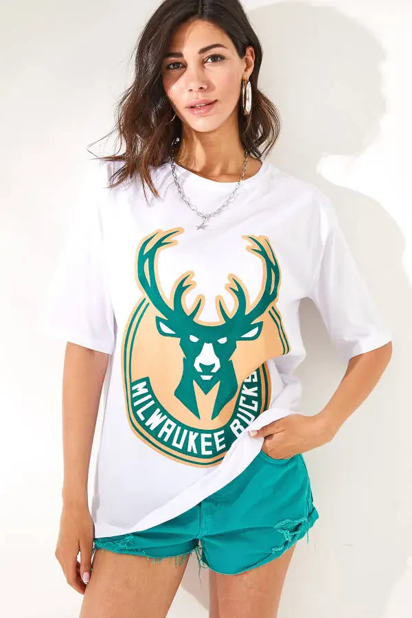 Women's White Deer Printed Cotton T-Shirt TSH-19000754 - 3