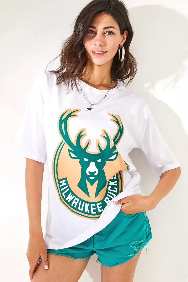 Women's White Deer Printed Cotton T-Shirt TSH-19000754 - 4