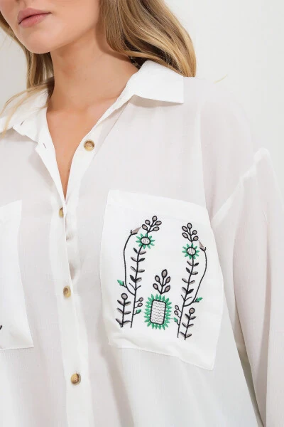 Women's White Double Pocket Embroidered Side Button Detailed Woven Shirt Alc-X11729 - 6