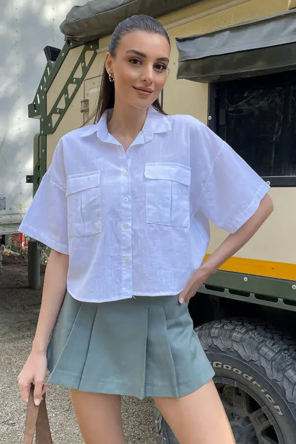 Women's White Double Pocket Half Sleeve Linen Shirt ALC-X9991 - 3