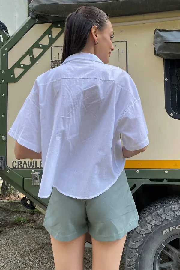 Women's White Double Pocket Half Sleeve Linen Shirt ALC-X9991 - 4