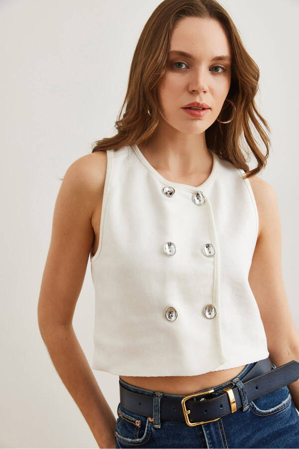 Women's White Double Silver Button Knitted Waistcoat YLK-19000052 - 2
