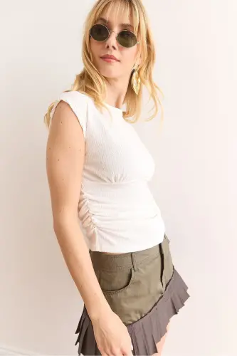Women's White Draped Detail Crop Crinkle Blouse BLZ-1 - 4