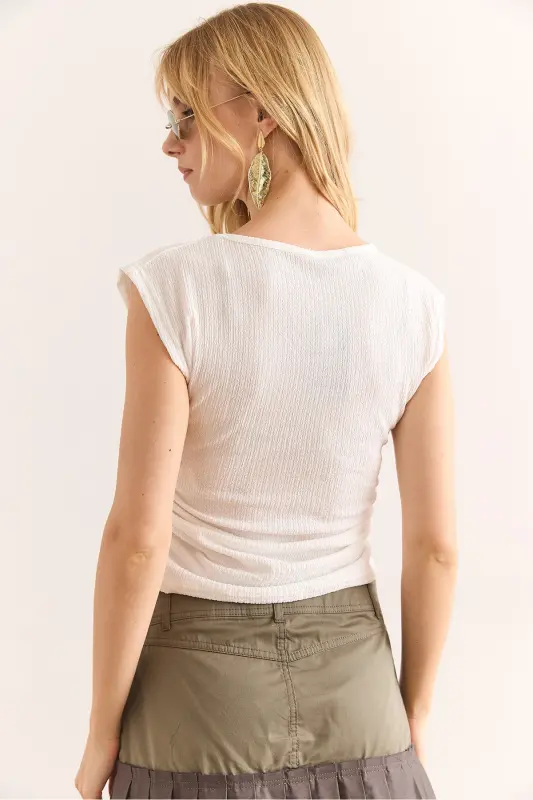 Women's White Draped Detail Crop Crinkle Blouse BLZ-1 - 6