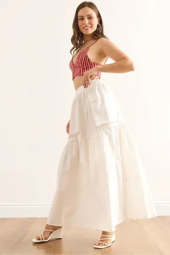 Women's White Elastic Waist Pocketed Maxi Parachute Skirt - 1
