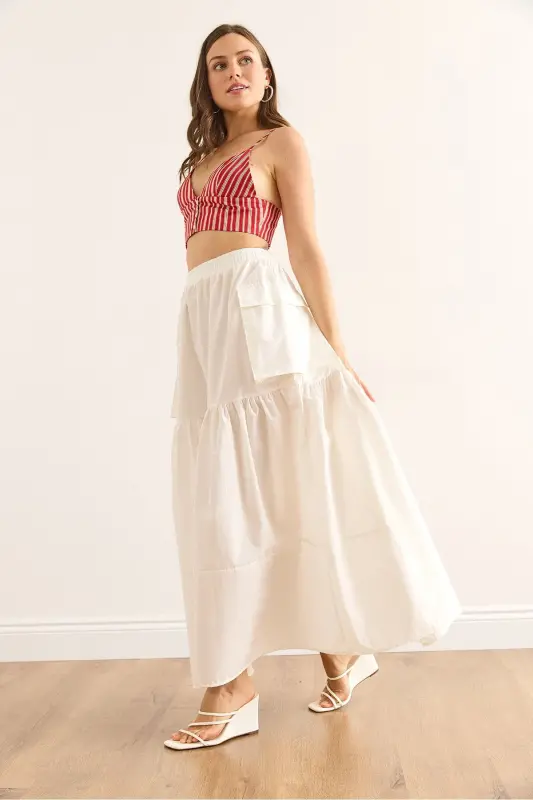 Women's White Elastic Waist Pocketed Maxi Parachute Skirt - 5
