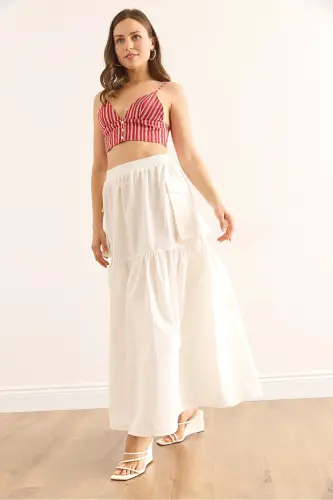 Women's White Elastic Waist Pocketed Maxi Parachute Skirt - 6