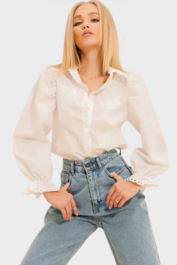 Women's White Embroidered Balloon Sleeve Poplin Shirt ALC-X11137 - 2