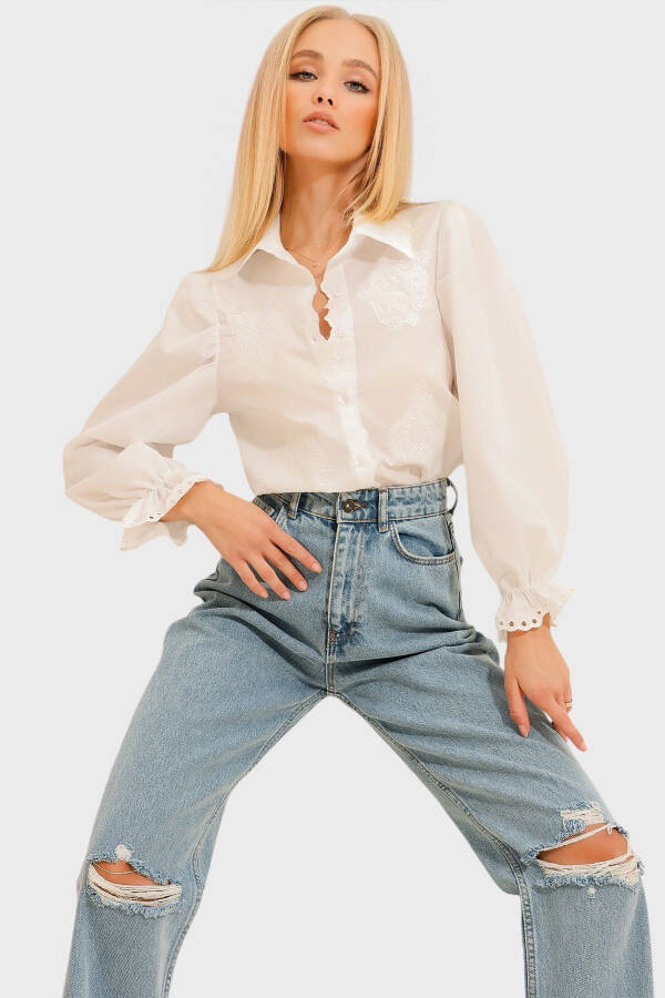Women's White Embroidered Balloon Sleeve Poplin Shirt ALC-X11137 - 3