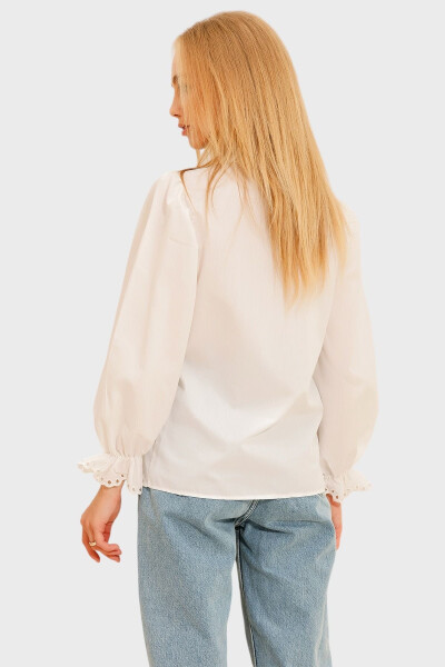 Women's White Embroidered Balloon Sleeve Poplin Shirt ALC-X11137 - 4