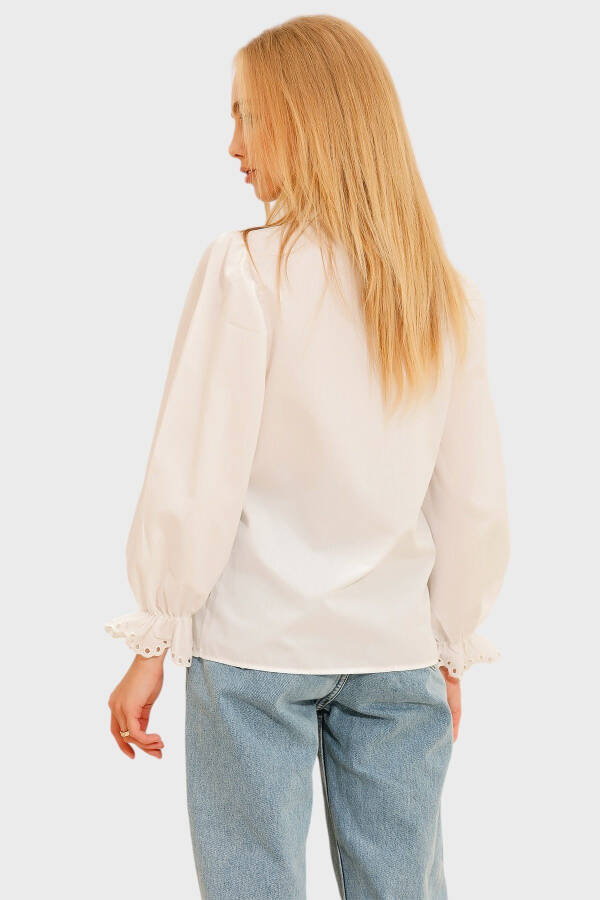 Women's White Embroidered Balloon Sleeve Poplin Shirt ALC-X11137 - 4