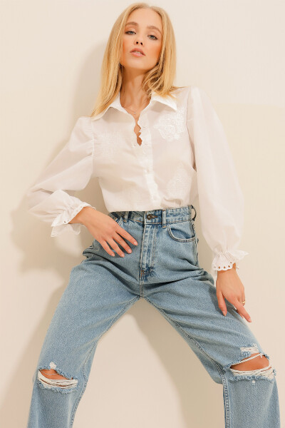 Women's White Embroidered Balloon Sleeve Poplin Shirt ALC-X11137 - 7