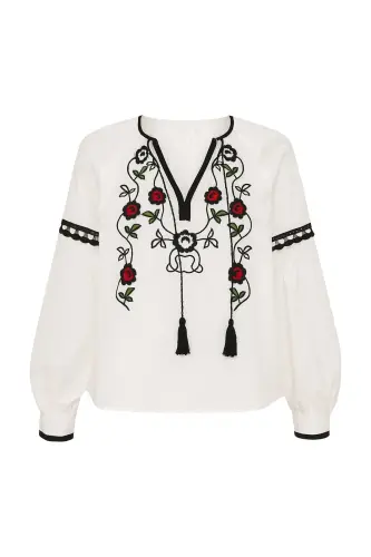 Women's White Embroidered Fringed Woven Blouse ALC-X10194 - 1