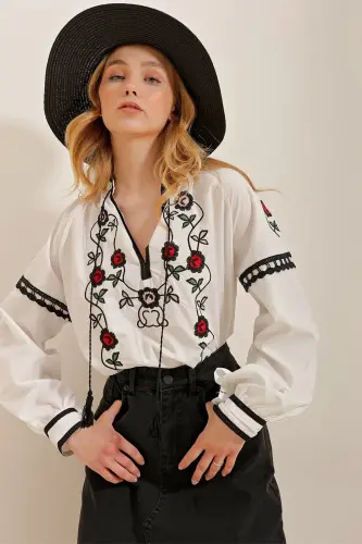 Women's White Embroidered Fringed Woven Blouse ALC-X10194 - 5