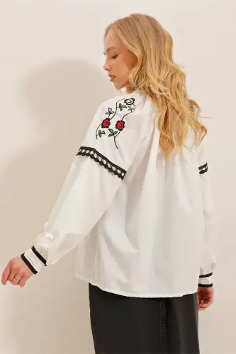 Women's White Embroidered Fringed Woven Blouse ALC-X10194 - 6