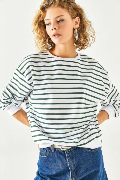 Women's White Emerald Green Basic Soft Textured Loose Sweatshirt SWT-19000457 - 7