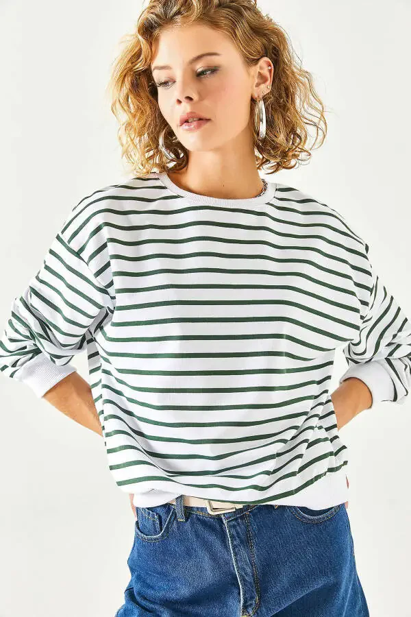 Women's White Emerald Green Basic Soft Textured Loose Sweatshirt SWT-19000457 - 7