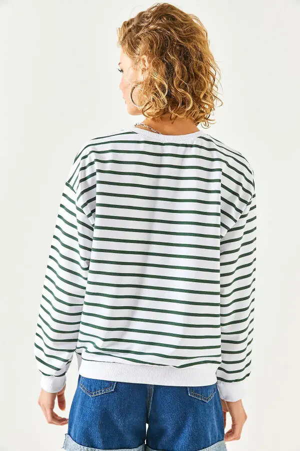 Women's White Emerald Green Basic Soft Textured Loose Sweatshirt SWT-19000457 - 8