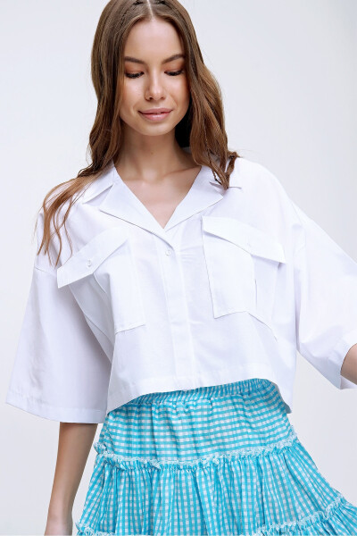 Women's White Envelope Pocket Crop Poplin Shirt ALC-X6045 - TREND ALAÇATI STILI (1)