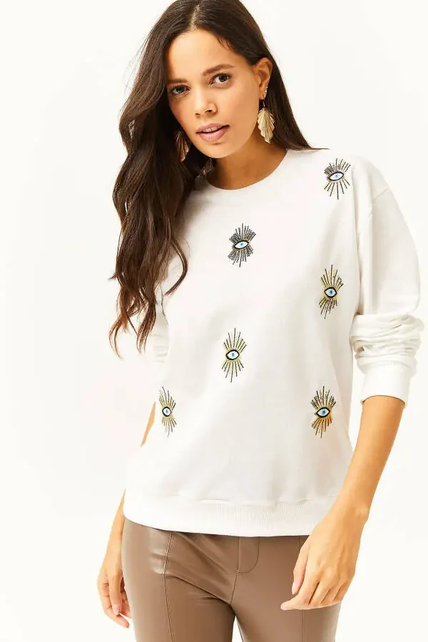 Women's White Eye Embroidery Seasonal Sweatshirt SWT-19000598 - 1