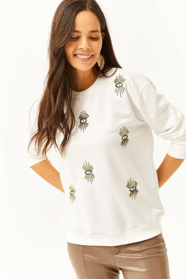 Women's White Eye Embroidery Seasonal Sweatshirt SWT-19000598 - 2
