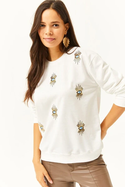 Women's White Eye Embroidery Seasonal Sweatshirt SWT-19000598 - 3