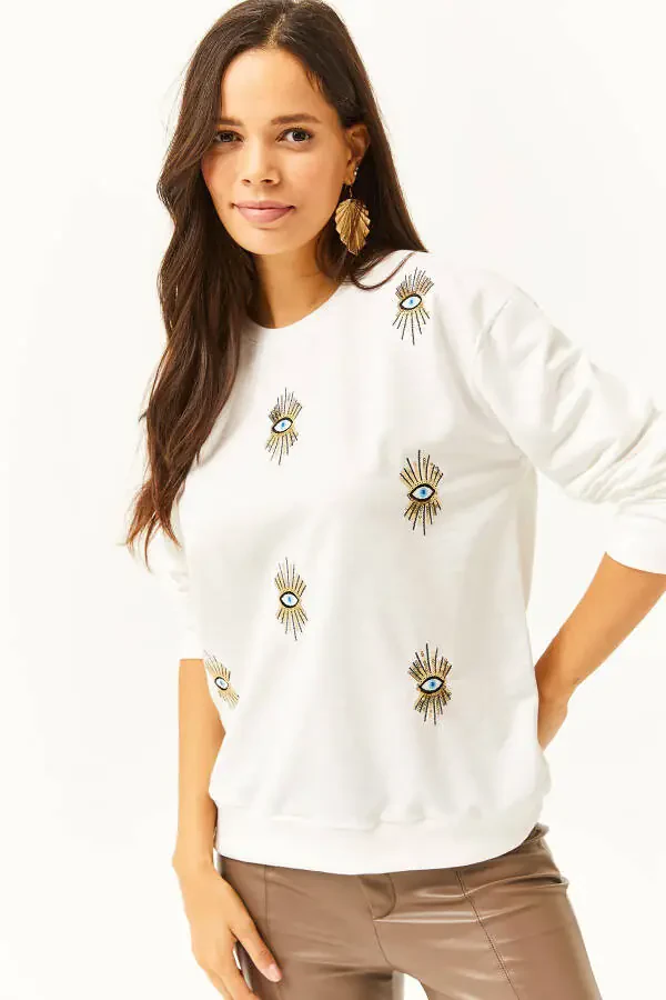 Women's White Eye Embroidery Seasonal Sweatshirt SWT-19000598 - 3