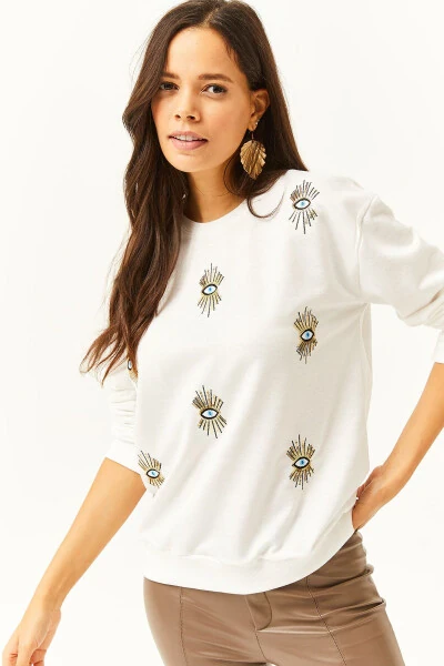 Women's White Eye Embroidery Seasonal Sweatshirt SWT-19000598 - 4