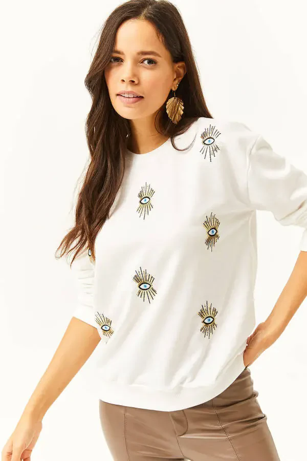 Women's White Eye Embroidery Seasonal Sweatshirt SWT-19000598 - 4