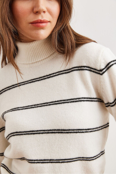 Women's White Fisherman Collar Striped Knit Sweater KZK-19000929 - 5