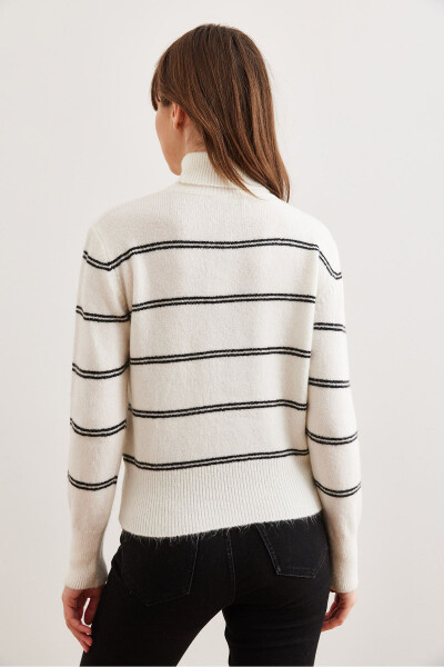 Women's White Fisherman Collar Striped Knit Sweater KZK-19000929 - 6