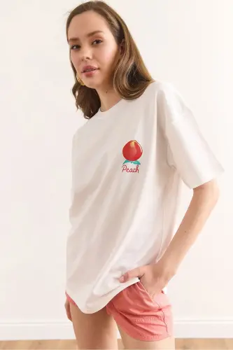Women's White Front and Back Printed Relaxed Fit 2 Thread T-shirt - 1