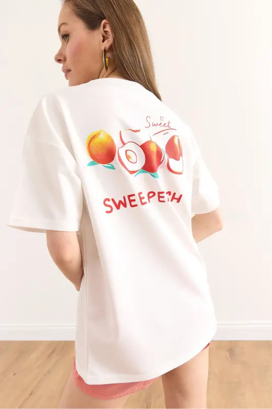 Women's White Front and Back Printed Relaxed Fit 2 Thread T-shirt - 4