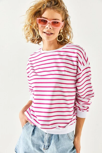 Women's White Fuchsia Basic Soft-Textured Oversized Sweatshirt SWT-19000457 - 4
