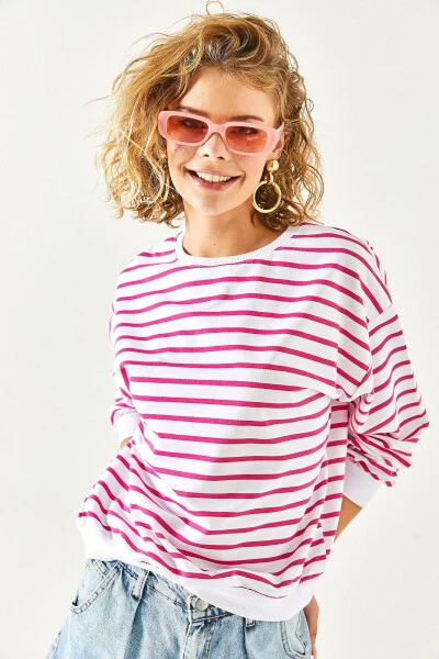 Women's White Fuchsia Basic Soft-Textured Oversized Sweatshirt SWT-19000457 - 7