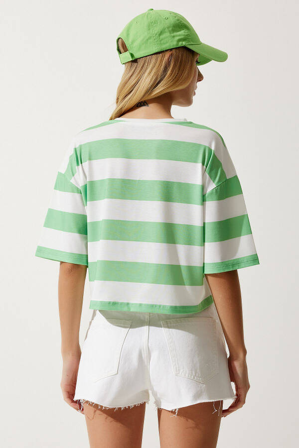 Women's White Green Bicycle Neck Striped Cropped Knit T-Shirt HF00452 - 5