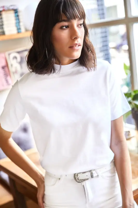 Women's White Half Fisherman Soft Touch Knitted T-Shirt - 3