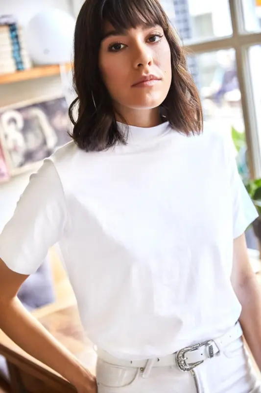 Women's White Half Fisherman Soft Touch Knitted T-Shirt - 4