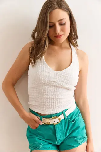 Women's White Halter Neck Front Lined Textured Crop Top - 1