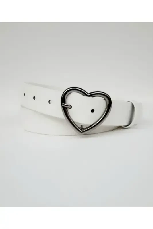 Women's White Heart Buckle Belt-White - 1