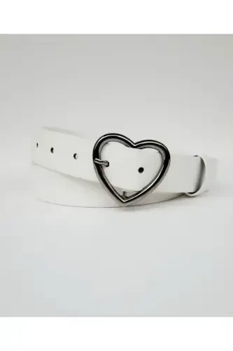 Women's White Heart Buckle Belt-White - 3