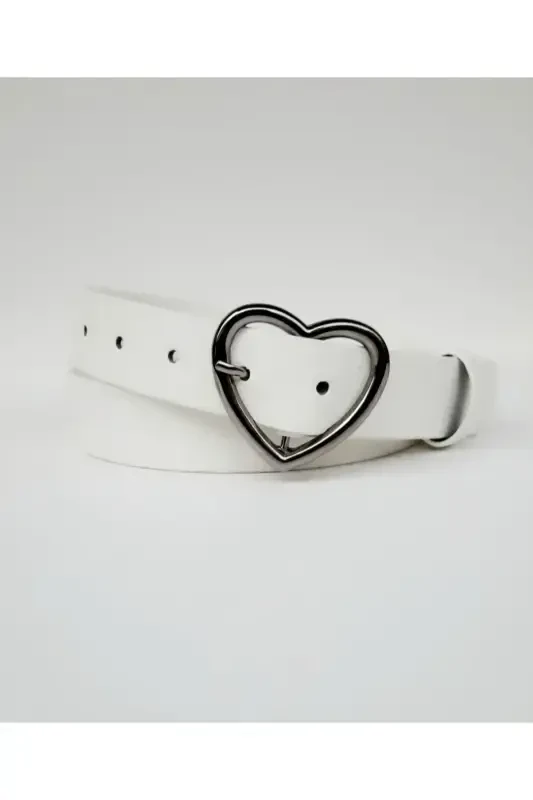 Women's White Heart Buckle Belt-White - 4