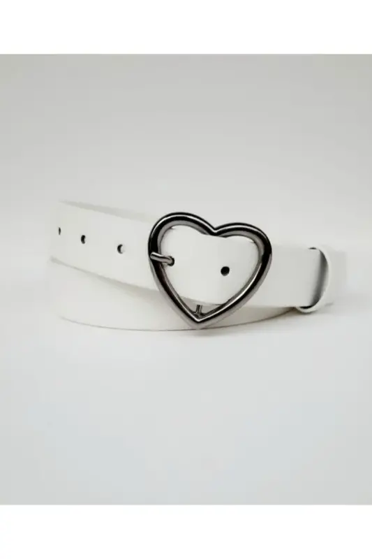 Women's White Heart Buckle Belt-White - 2