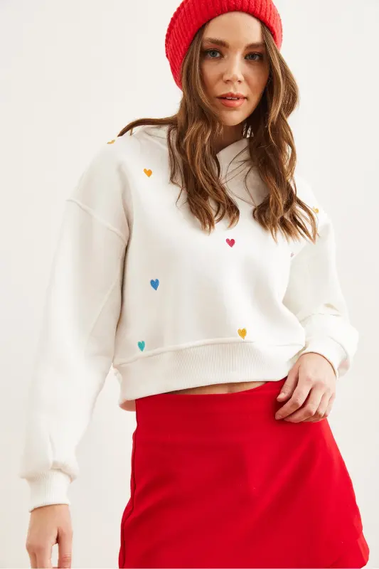 Women's White Heart Embroidered Fleece Crop Hoodie SWT-19000681-White - 2