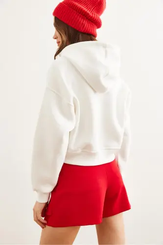 Women's White Heart Embroidered Fleece Crop Hoodie SWT-19000681-White - 7