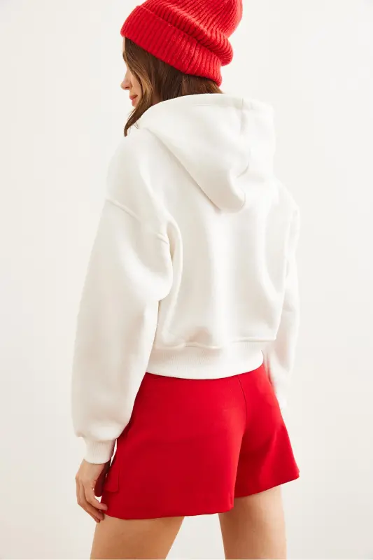 Women's White Heart Embroidered Fleece Crop Hoodie SWT-19000681-White - 7