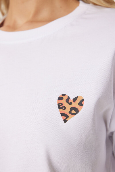 Women's White Heart Print Cotton Short Knit T-Shirt AN00224 - 6