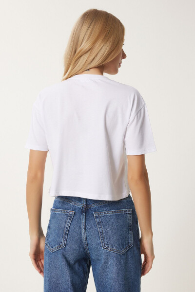 Women's White Heart Print Cotton Short Knit T-Shirt AN00224 - 7