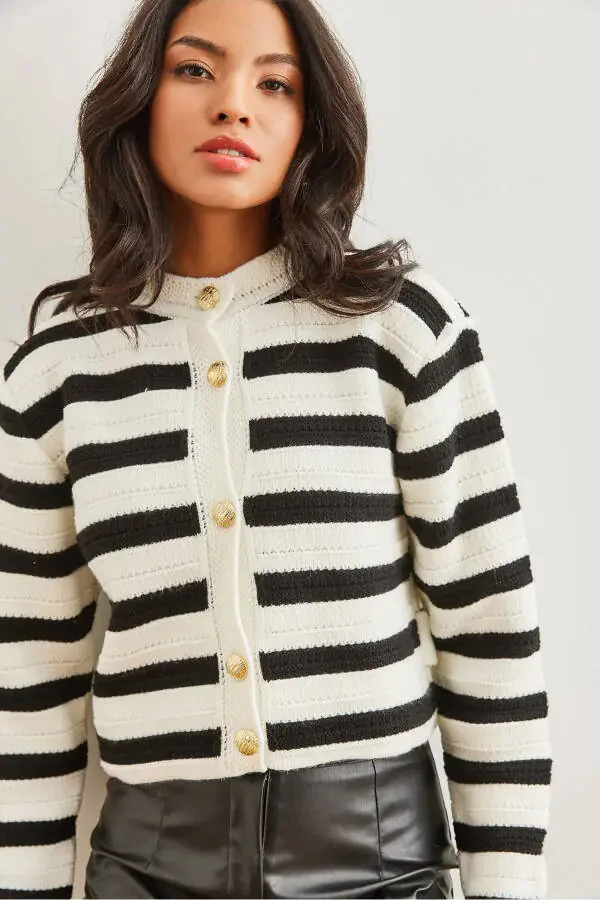 Women's White Honeycomb Knitted Striped Cardigan WRD-19000316 - 1